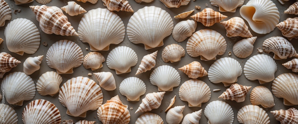 Poster seashell background texture with a variety of natural shells arranged in an artistic flat lay compos