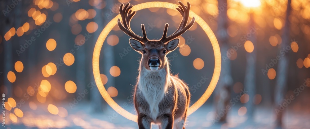 Poster vibrant reindeer surrounded by abstract light bokeh in circular shape creating a magical winter atmo