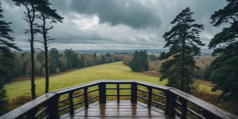 Fototapeta premium Scenic view from a watchtower overlooking a lush meadow framed by tall trees under a dramatic cloudy sky during a serene hike.