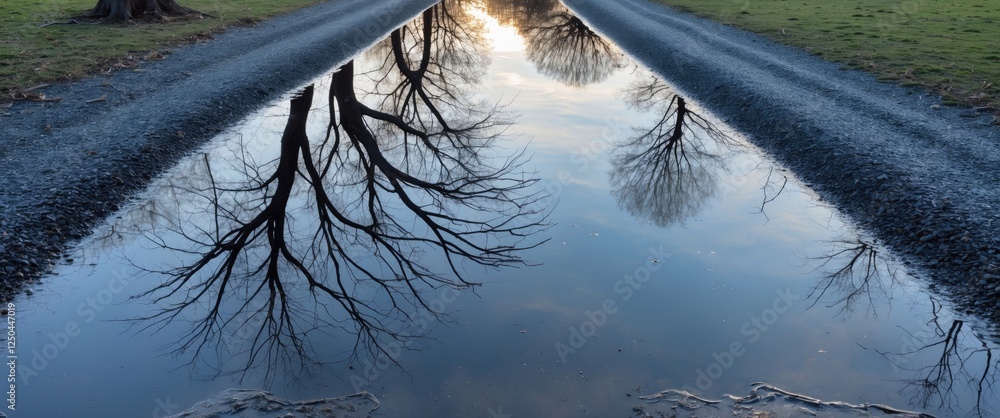 Aufkleber serene reflection of bare tree branches in puddles on a gravel path creating a tranquil and abstract