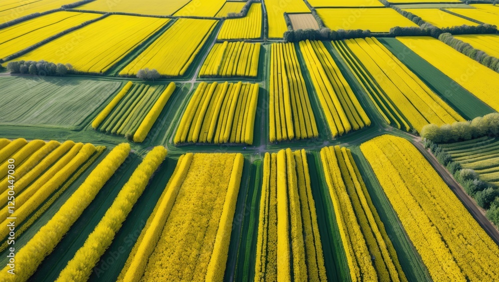 Poster aerial view of vibrant yellow raps fields with geometric patterns and open space for custom text or 