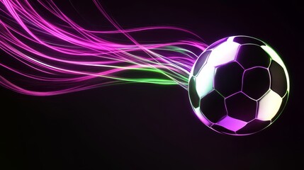 Naklejka premium Futuristic Neon Soccer Ball Silhouette - Dynamic soccer ball design, neon glow, abstract speed, futuristic sport, vibrant energy.