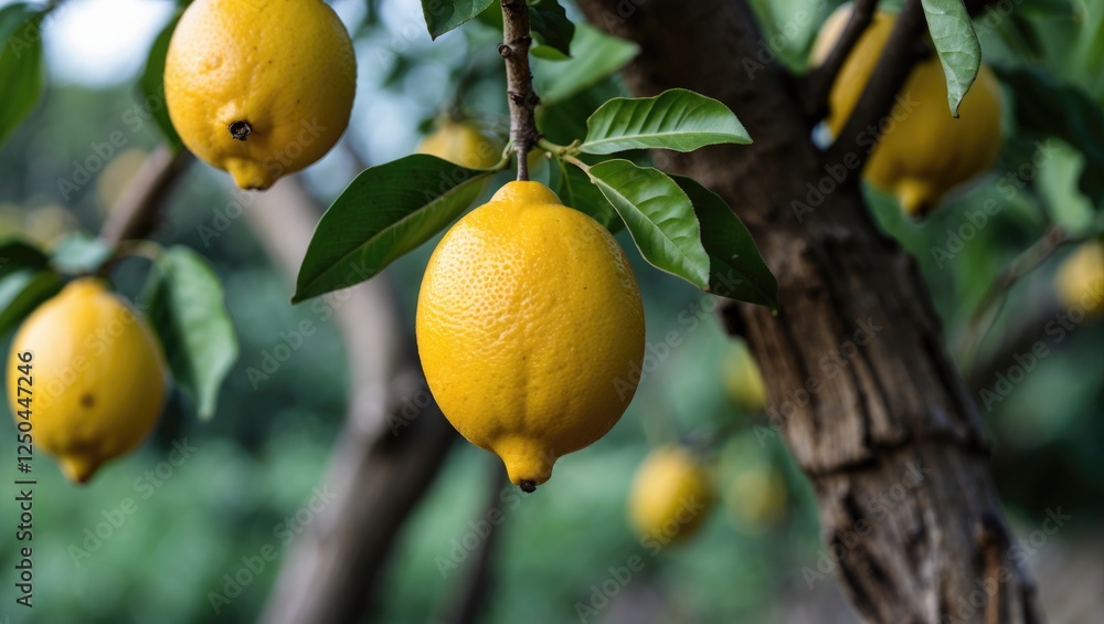 Poster closeup of ripe lemons hanging from tree branches with vibrant green leaves and natural blurred back
