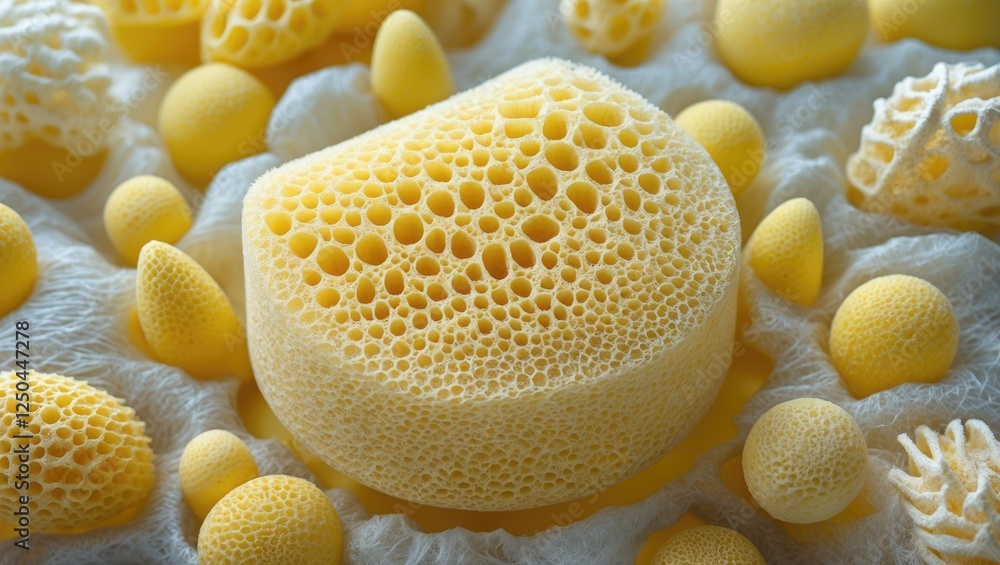 Poster close-up view of yellow sponge texture showcasing unique porous structures and vibrant color on a so