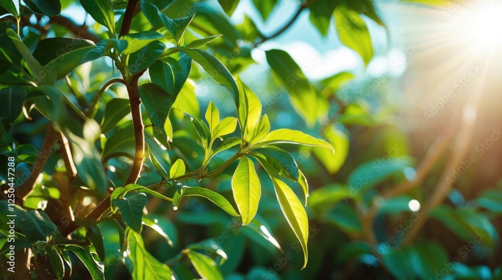 Aufkleber bright sunlit green leaves creating a serene natural backdrop with ample copy space for text or grap