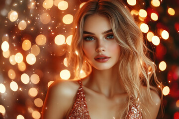 Beautiful blonde woman in a red dress posing elegantly, background filled with a sparkling Christmas tree adorned with colorful ornaments.
