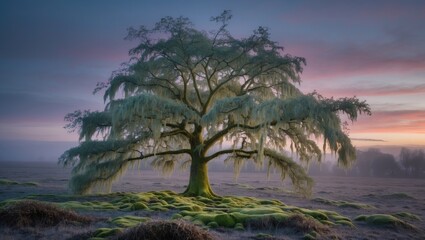 Majestic tree draped in moss at dusk surrounded by misty landscape creating a serene and enchanting atmosphere.
