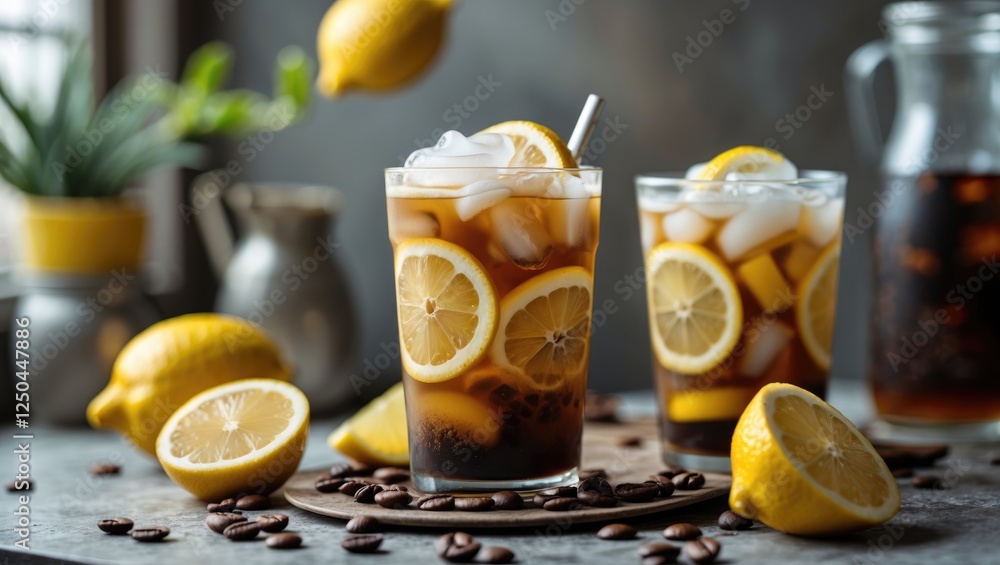 Poster refreshing iced coffee with lemon juice and ice garnish in a rustic setting
