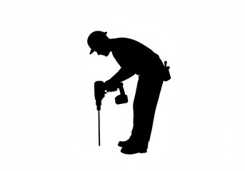 Fototapeta premium silhouette, person using power tool, construction worker, drilling, bent posture, black and white, minimalist design, icon-like