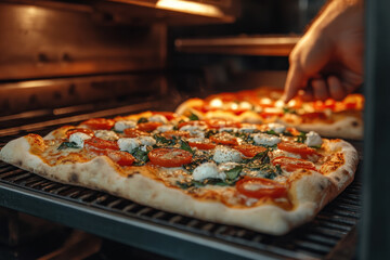 A person slides a pizza into the oven, with a glowing fire in the background.