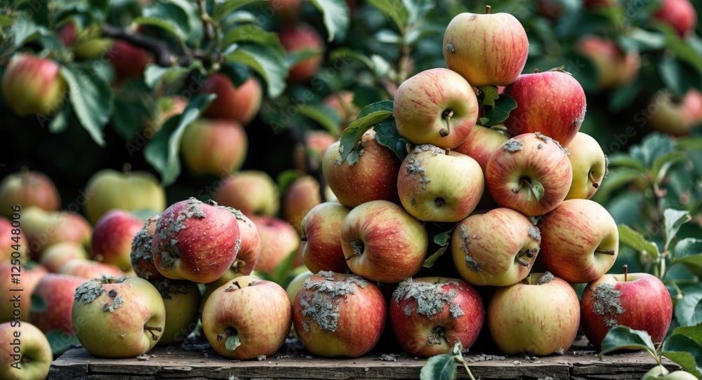 Poster stack of apples showing signs of disease in orchard setting with healthy apples in the background hi