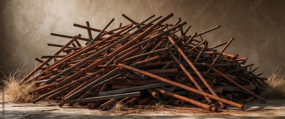 Poster a chaotic heap of rusty rebar tangled together creating an industrial and rugged texture perfect for