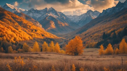 Stunning Autumn Colors in Mountain Valley with Majestic Peaks and Vibrant Foliage Under Dramatic Sky