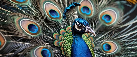Obraz premium Colorful Peacock Feathers Closeup Showcasing Intricate Patterns and Vibrant Shades in Nature's Splendor
