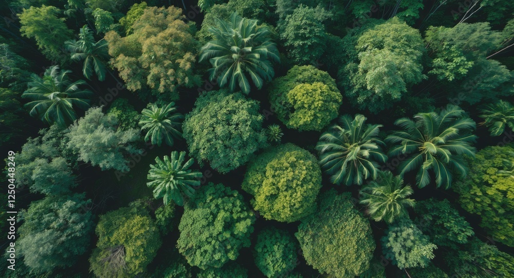 Poster aerial drone view of lush green rainforest trees highlighting ecology and healthy environment with s