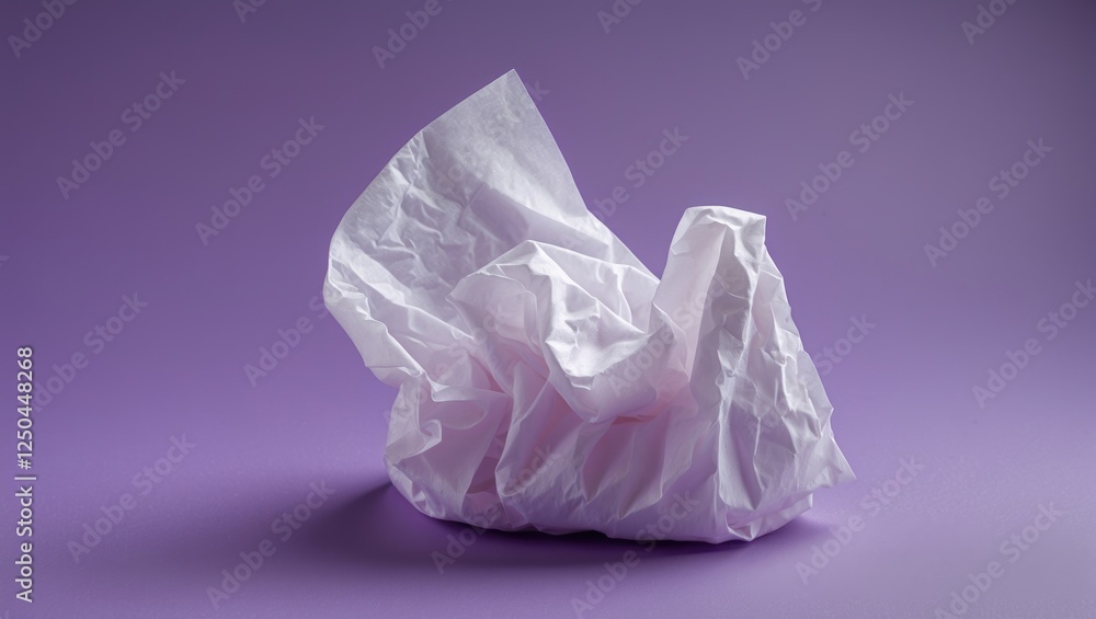 Poster crumpled white tissue paper on a smooth purple background creating a minimalistic and abstract aesth