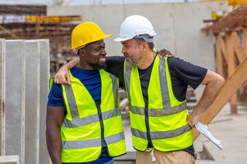 Two male engineers from different cultures and ages work together in a floor making factory. Senior...