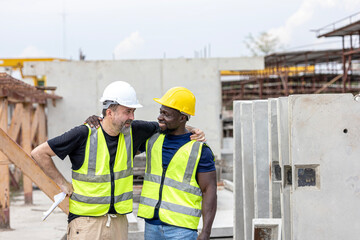 Two male engineers from different cultures and ages work together in a floor making factory. Senior supervisor discusses with his African engineer checking the concrete wall production system
