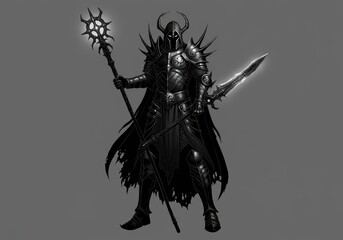 dark fantasy warrior, full body silhouette, armored figure, holding staff with blades, intricate details, high contrast black and white, medieval inspired, mystical weapon