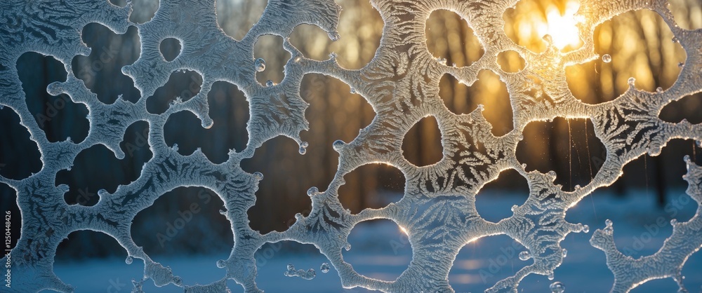 Poster frozen window pattern with intricate frost details illuminated by sunlight creating a stunning winte
