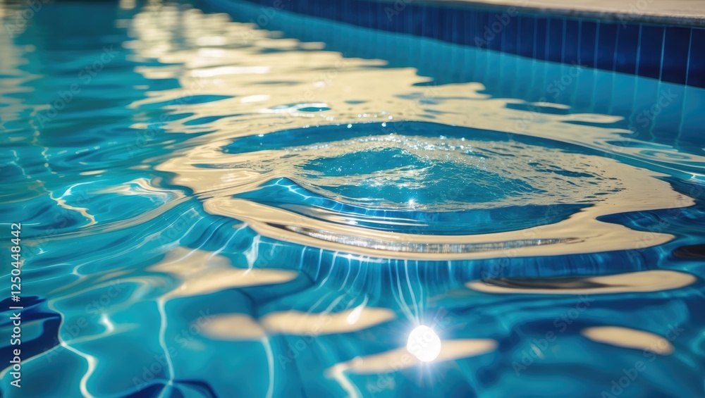 Poster close-up of shimmering light reflections on undulating swimming pool water with vibrant blue tile ed