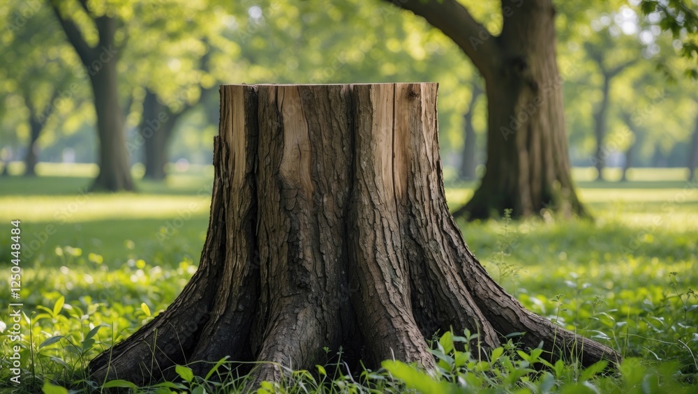 Poster tree stump in a lush park setting surrounded by vibrant greenery and sunlight filtering through the 