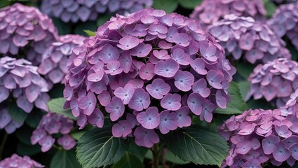 A Vibrant Cluster of Purple Pink Hydrangea Blossoms Forming a Round Shape in Lush Green Foliage Ideal for Garden and Floral Themes