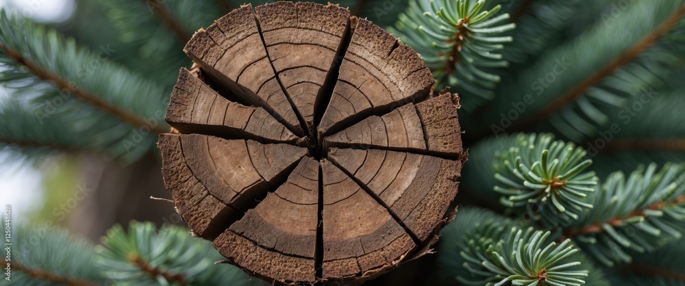 Poster close up view of a detailed cedar tree stump showcasing the intricate grain patterns and surrounding