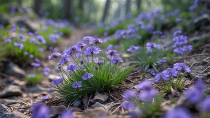 Obraz premium Macro Shot of Vibrant Purple Wildflowers Flourishing Along a Nature Trail in a Forested Setting.