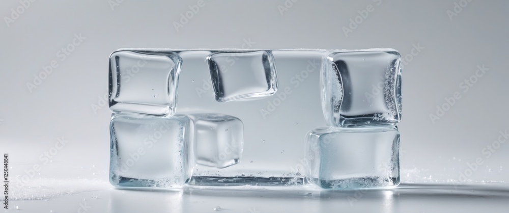Poster rectangular ice block on white background symbolizing clarity and purity with reflections and natura