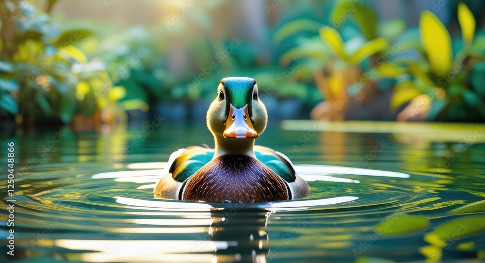 Poster closeup of a colorful duck swimming serenely in a garden lake with lush greenery and gentle ripples 
