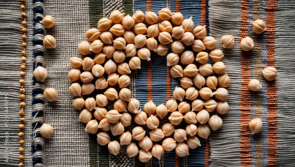 Poster Chickpeas arranged in a circular pattern on textured textile background showcasing natural elements and artistic presentation.