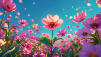 Vibrant Field of Pink Flowers Against a Blue Sky with Space for Text Overlay and Natural Summer Vibe