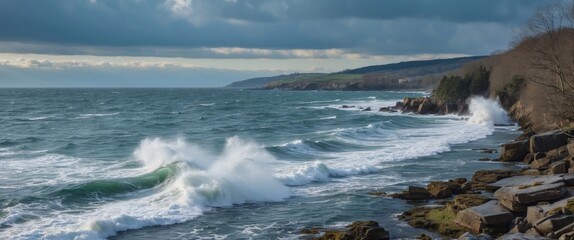 Fototapeta premium Stormy Spring Day Waves Crashing On Rocky Coastline With Dramatic Sky And Open Space For Text Or Design Elements