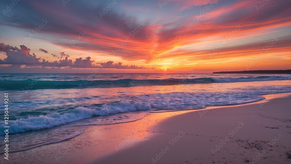 Canvas Prints vibrant sunset over tranquil beach creating reflections in gentle waves and colorful sky
