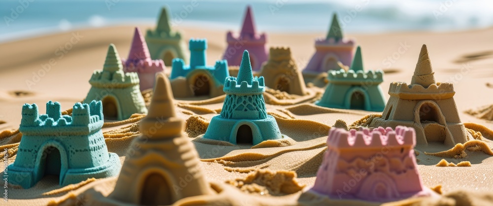 Aufkleber colorful sandcastles on a beach with smooth sand creating an inviting scene and ample blank space fo