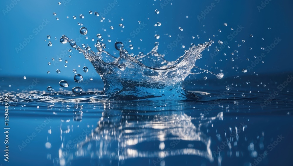 Poster water splash creating dynamic ripples and reflections on a serene blue background showcasing the bea