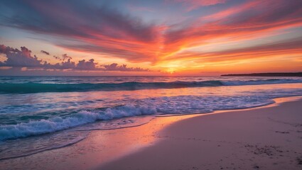 Vibrant Sunset Over Tranquil Beach Creating Reflections in Gentle Waves and Colorful Sky