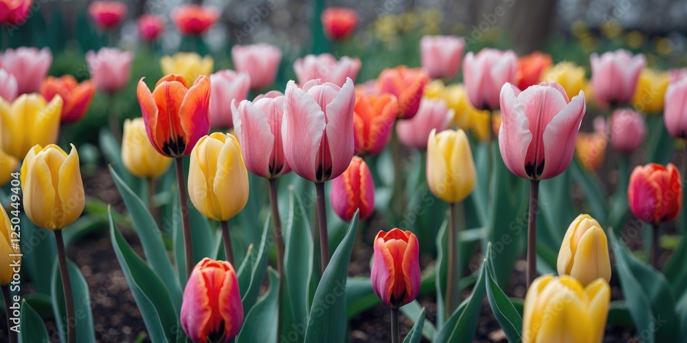 Poster colorful tulip garden in full bloom showcasing soft petals with vibrant colors and ample empty space
