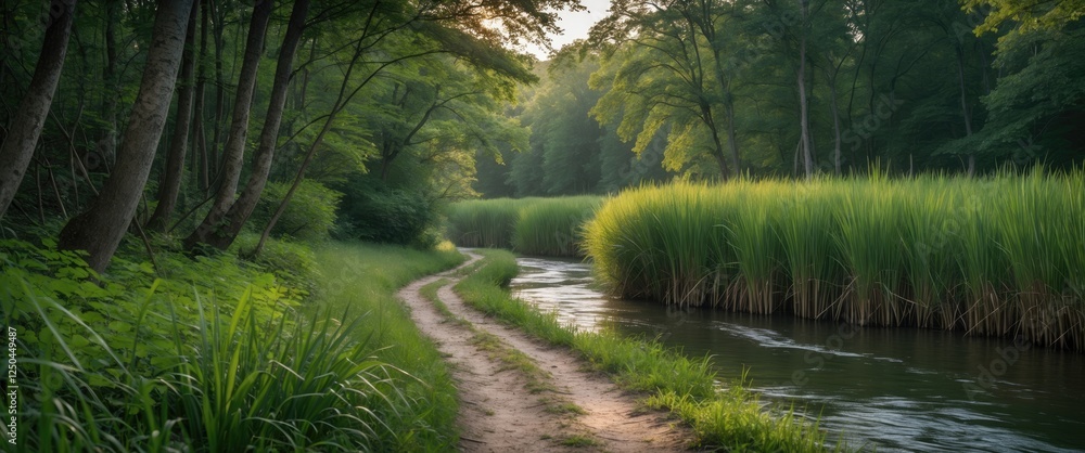 Aufkleber serene forest river path surrounded by lush greenery and dense reeds illuminated by soft morning lig