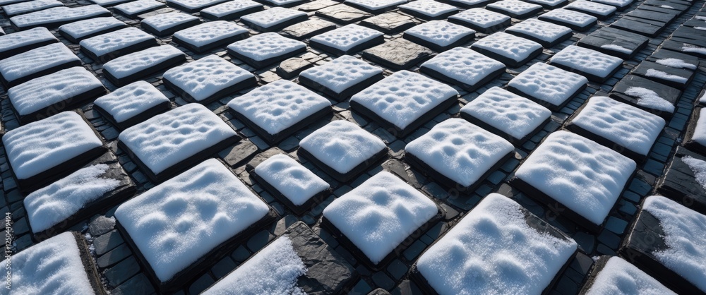 Poster checkered pattern of snow-covered cobblestones showcasing a striking contrast between white snow and