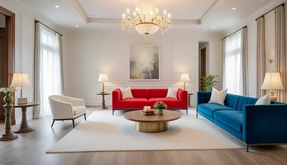 This picture depicts a furnished living room with a modern and beautiful design. The room has wooden floors, white walls, and large windows covered with light colored curtains.	
