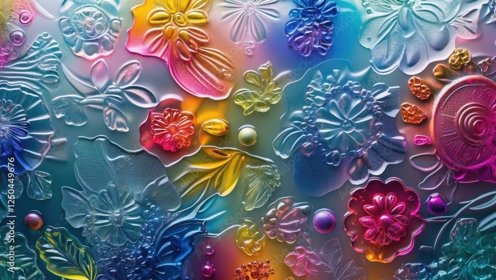 Poster vibrant embossed floral patterns on glass with a colorful abstract background creating a unique arti