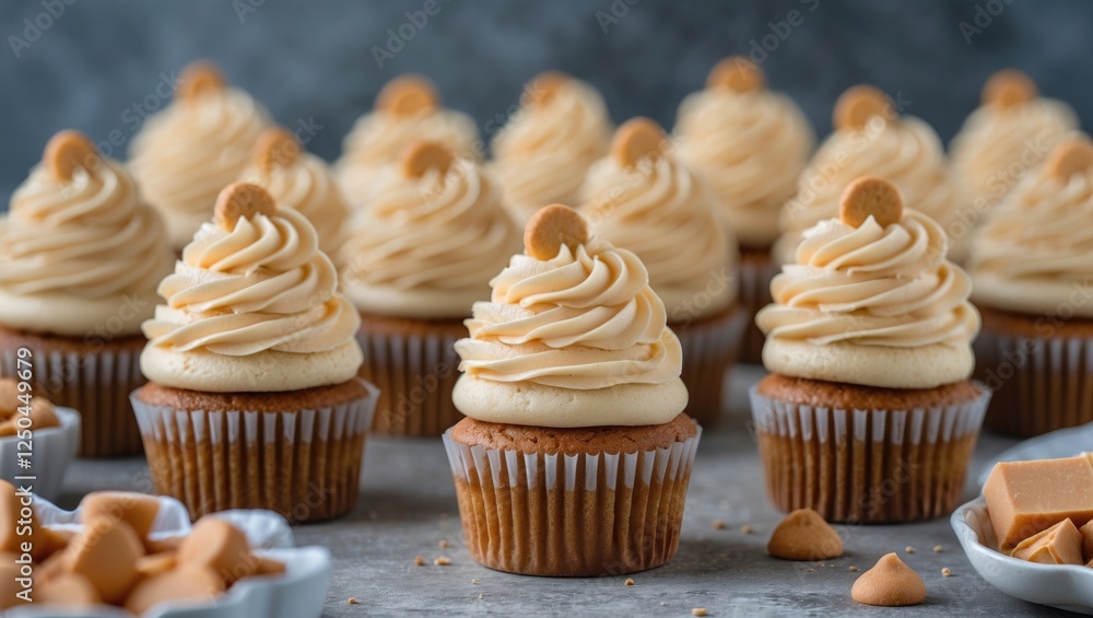 Poster butterscotch cupcakes with creamy frosting and toppings delightfully presented on a rustic table for