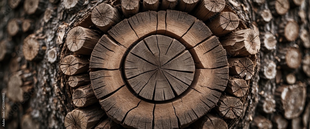 Poster detailed close-up of intricate knots and grain patterns on a weathered tree trunk, showcasing nature