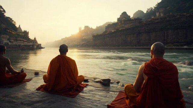 Monks meditating on the banks of the river ganga (ganges). Early morning banaras (varanasi) holy indian city with monks meditating during sunrise. Camera dolly on water.