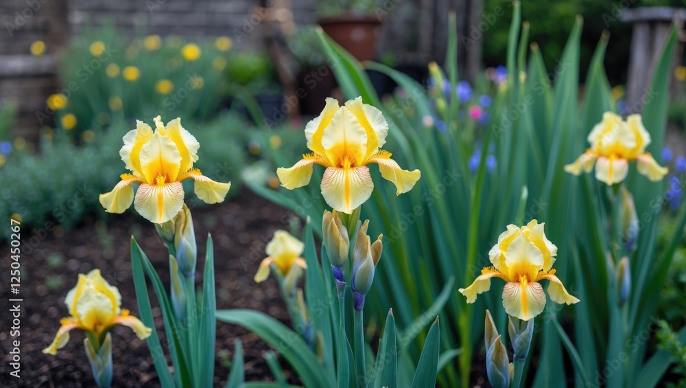 Poster yellow iris blooms in a lush garden setting with copy space for text and design elements