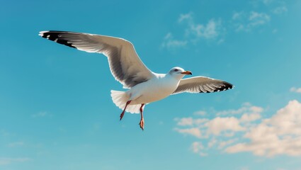 Obraz premium Majestic seagull in mid-flight against a clear blue sky illustrating grace and freedom ideal for nature and wildlife compositions.