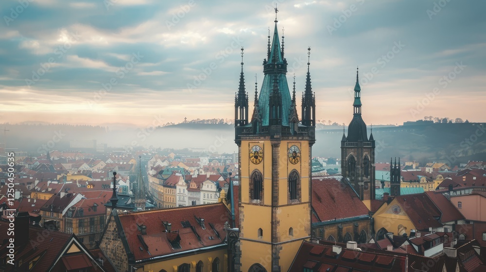 Wall mural Aerial view of a historical city with Gothic architecture, featuring spires and rooftops under a cloudy sky at dawn