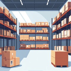 Fototapeta premium A modern warehouse interior filled with stacked boxes on shelves, organized and efficient.